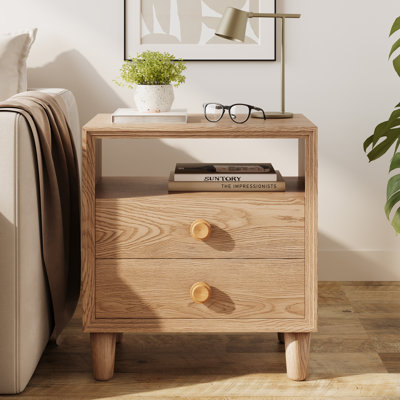 Mitchell Modern Wood Nightstand with Open Shelf & 2 Drawers