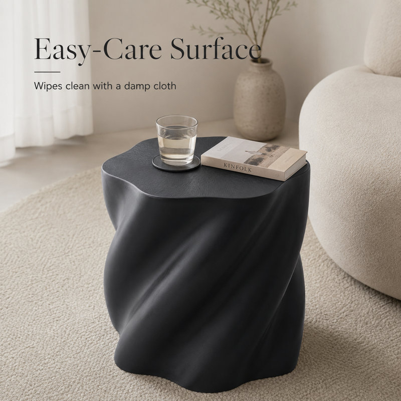 Table d'appoint en forme de pétale en fibre de verre noire - table d'appoint sculpturale 19,7 po avec base à racines torsadées et capacité de 300 lb