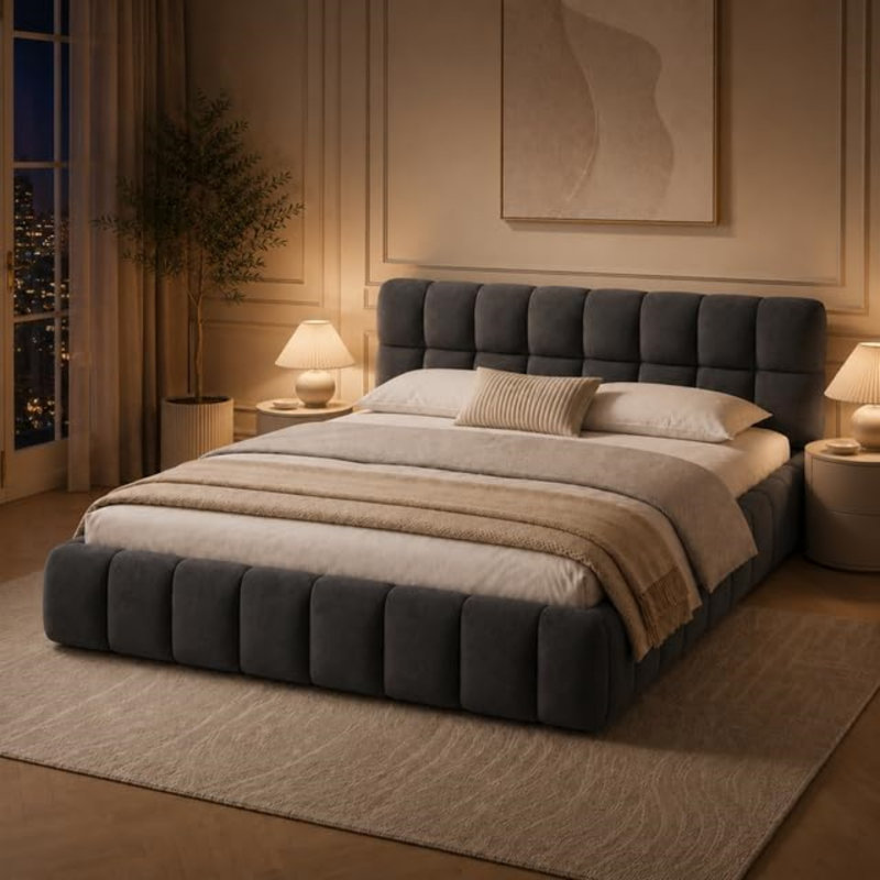 Upholstered Double Bed with Unique Mattress Design, Kingsize (5'), Grey