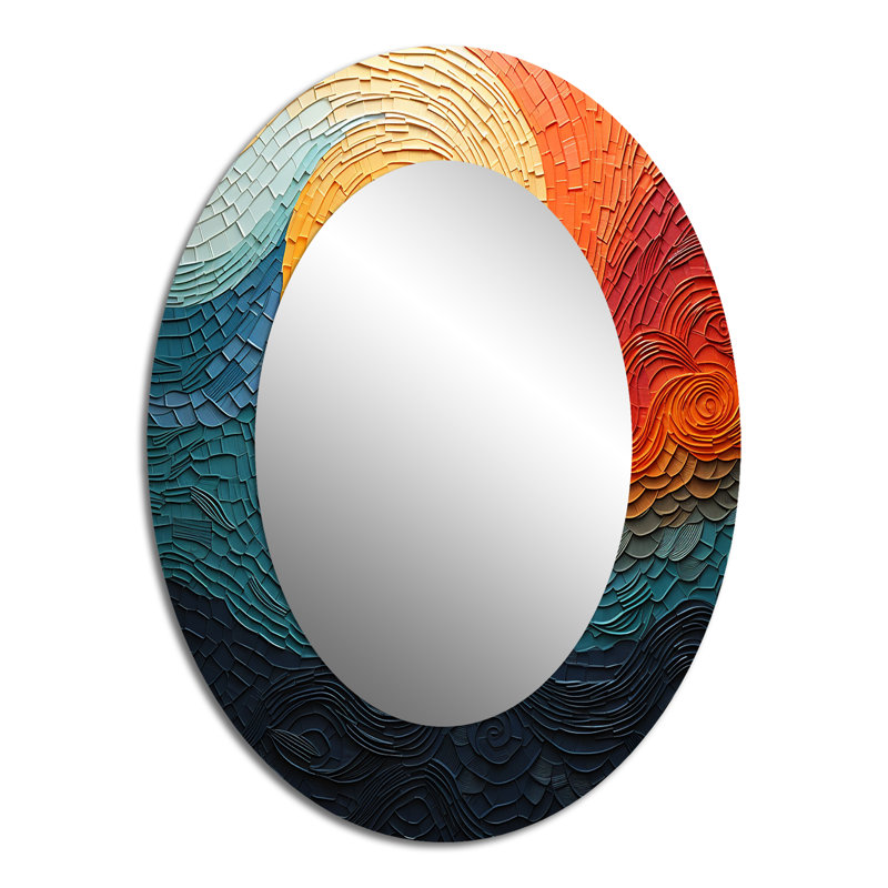 Teal Orange Op Art Rhythmic Illusion III - Modern Oval Wall Mirror, 40" x 30"