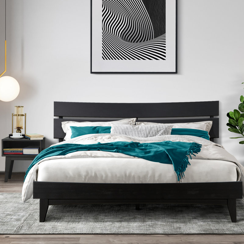 Ensemble de chambre à coucher 2 pièces - Structure de lit plateforme en bois massif avec table de chevet assortie, style Mid-Century moderne, finition Ristretto noir, capacité de 800 lb, aucun sommier nécessaire