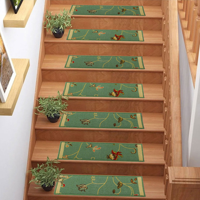 Tapis d'escalier à motif floral lavable sur mesure, Green, Rectangle 9 po x 2 pi 2 po