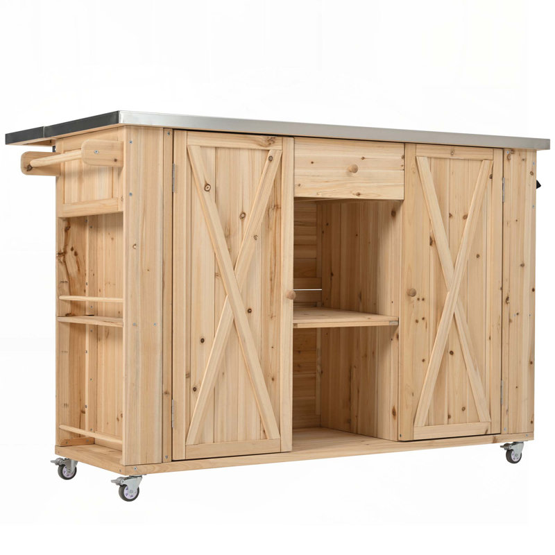 Outdoor Kitchen Island Table with Towel and Spice Racks and a Bottle Opener for Outdoor, Natural Wood