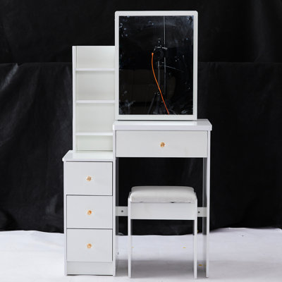 Small Space Left Bedside Cabinet Vanity Table, With Cushioned Stool & Big Sliding Mirror, Multi-Layer Storage, Modern Dresser In White Table For Compact Areas, Padded Seat Extra Large Tiny Spaces