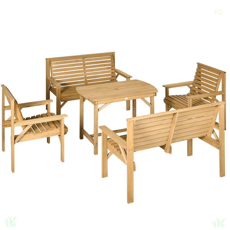 Ensemble de conversation pour l'extérieur avec 2 fauteuils, 2 causeuses et une table de salle à manger avec trou pour parasol pour la cour, le jardin
