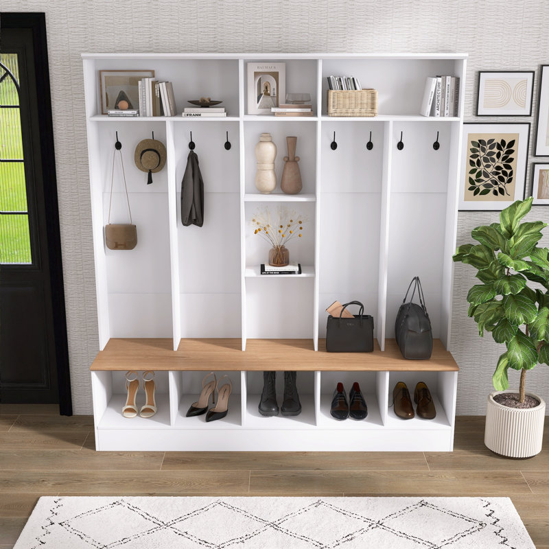 Wide Hall Tree Storage Bench, Minimalist Cube Shelf Shoe Cabinet, &-hook Mul Functional Coat Rack, White