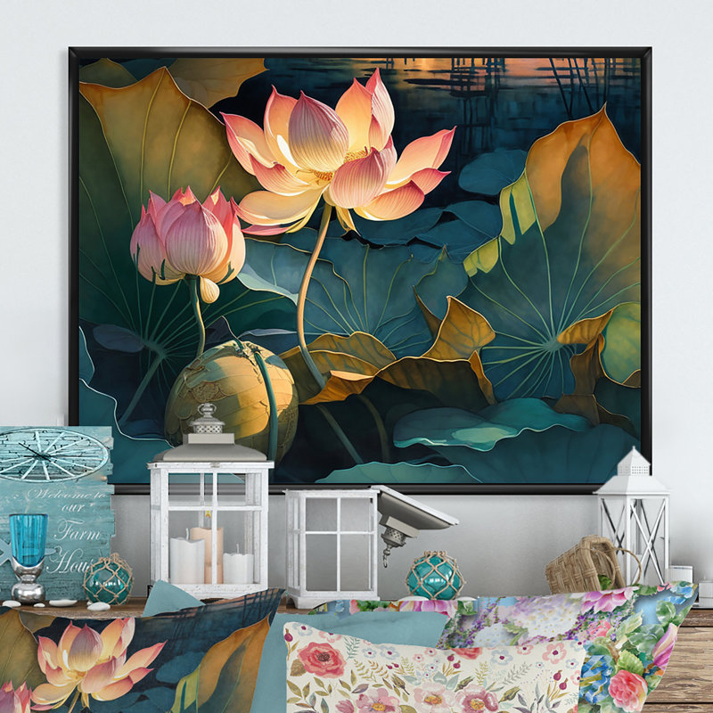 Décoration florale de lotus rétro dans l'étang II - Lotus floral, Cadre flottant noir, H 12 po x l 20 po x P 1 po