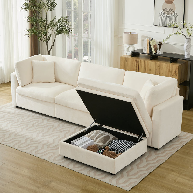  Canapé modulaire rembourré en forme de L à 4 places 118,5 po avec repose-pieds 118,5 po, Chenille beige