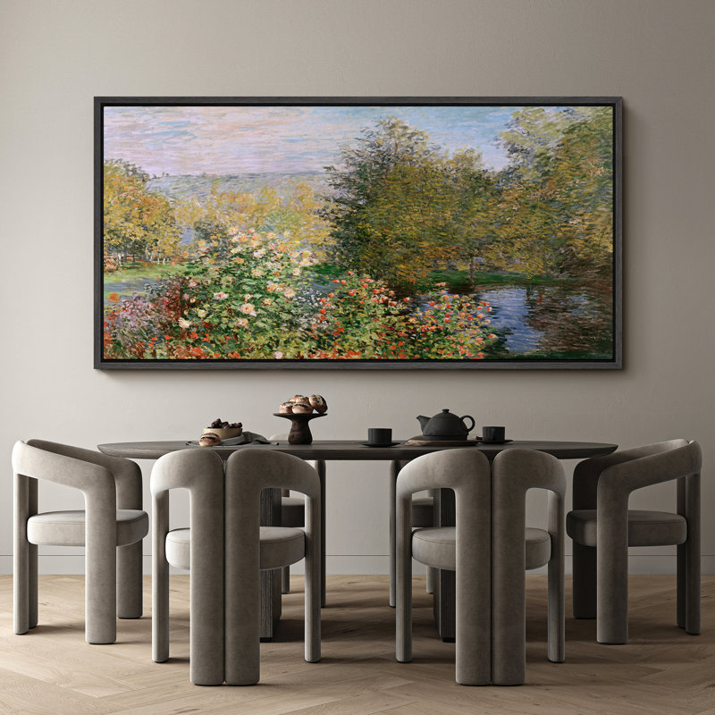 «Blooming Riverside Garden Floral Landscape Antique Antique Fine Art Art», reproduction d'art colorée, H 30 po x l 60 po