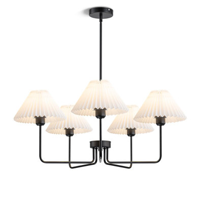 Lustre noir 33,4 pouces, lustre moderne 5 lumières pour la salle à manger avec abat-jour en tissu blanc