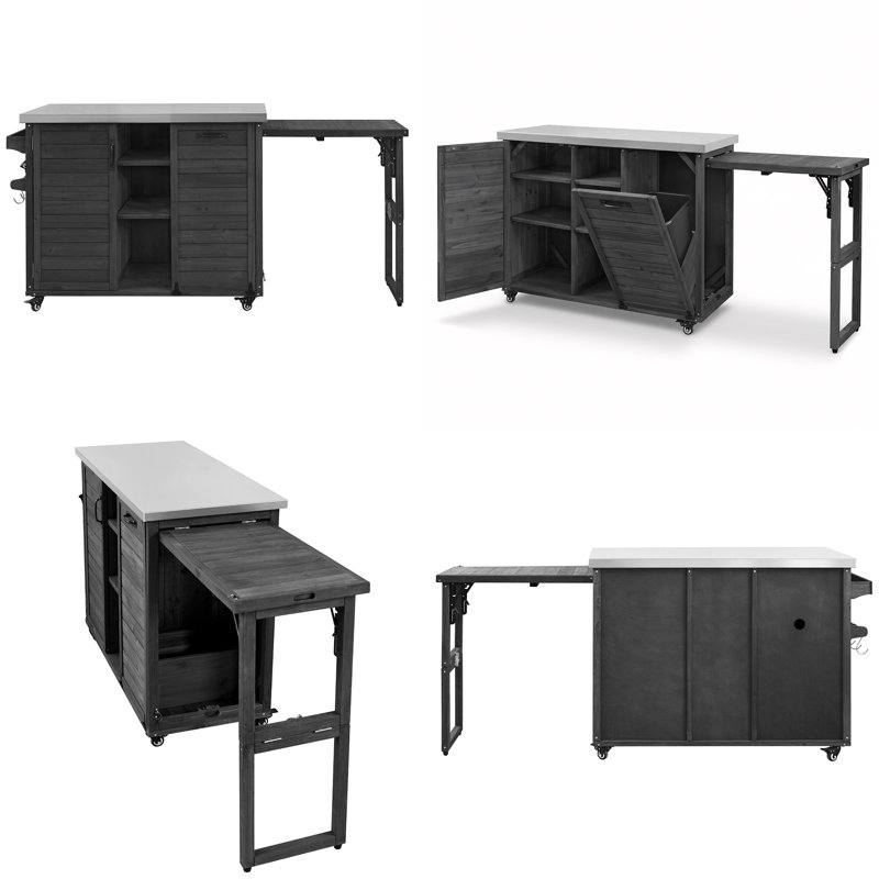 Îlot de cuisine extérieur pliant de 78,3 po de largeur avec plateau en acier inoxydable - Station de préparation de barbecue massive avec armoire à ordures inclinable - Chariot de barbecue mobile de 36 po de hauteur - Noir