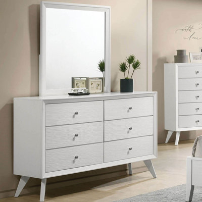 Contemporary Style 1pc Dresser Angled Legs Round Bronze Knobs White Bedroom Solidwood Furniture