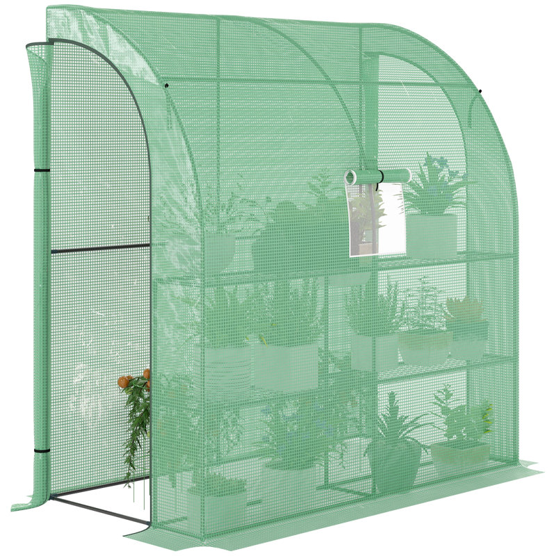 Dacula Lean to Greenhouse, Walk-In Green House, Plant Nursery with 2 Roll-up Doors and Windows, PE Cover and 3 Wire Shelves