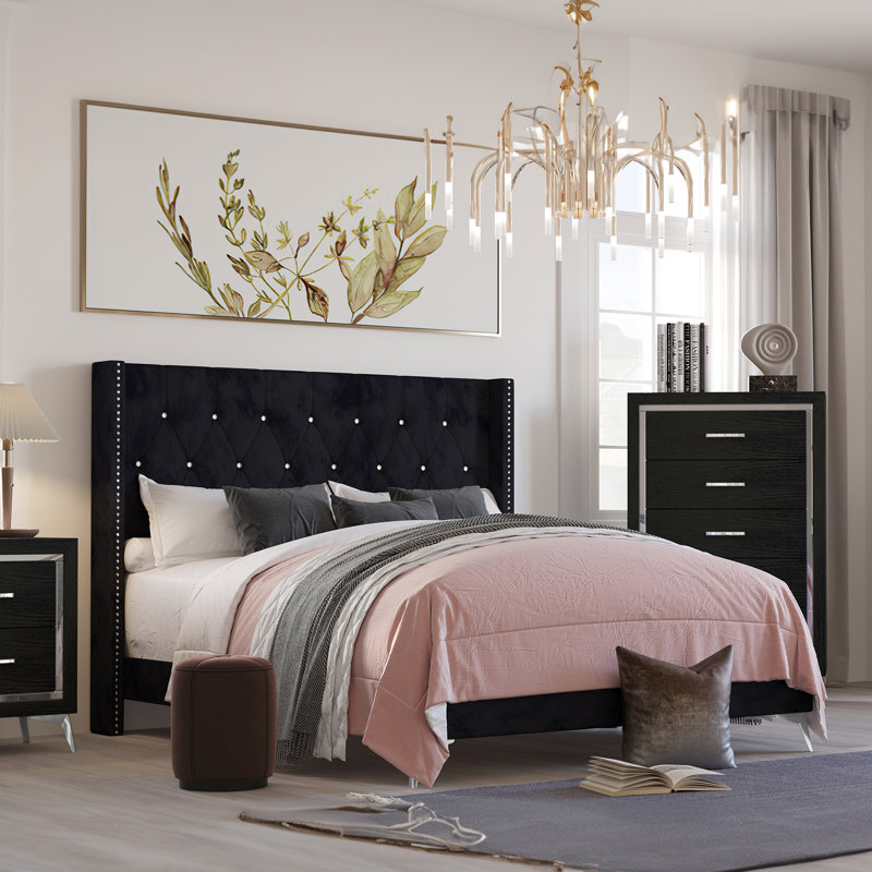 Maxo Upholstered Panel Bed, Black, California King