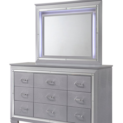 Commode miroir 1 tiroir moderne à neuf tiroirs avec quincaillerie de finition chromée et finition argentée