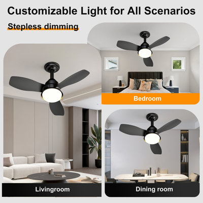 24.4" Black Ceiling Fan with Light, 3 Blades, 6-Speed Reversible Quiet DC Motor, Dimmable LED, APP & Remote Control, Flush Mount for Bedroom Living Room Covered Patio