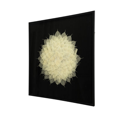 Square Wall Shadow Box , Gorgeous Floral With White Leaves On Black, 39.5X1x39.5", Modern Home Decoration 39.5X1x39.5" Decoration, Beautiful Overlay Contrasting Background, Decorative Item