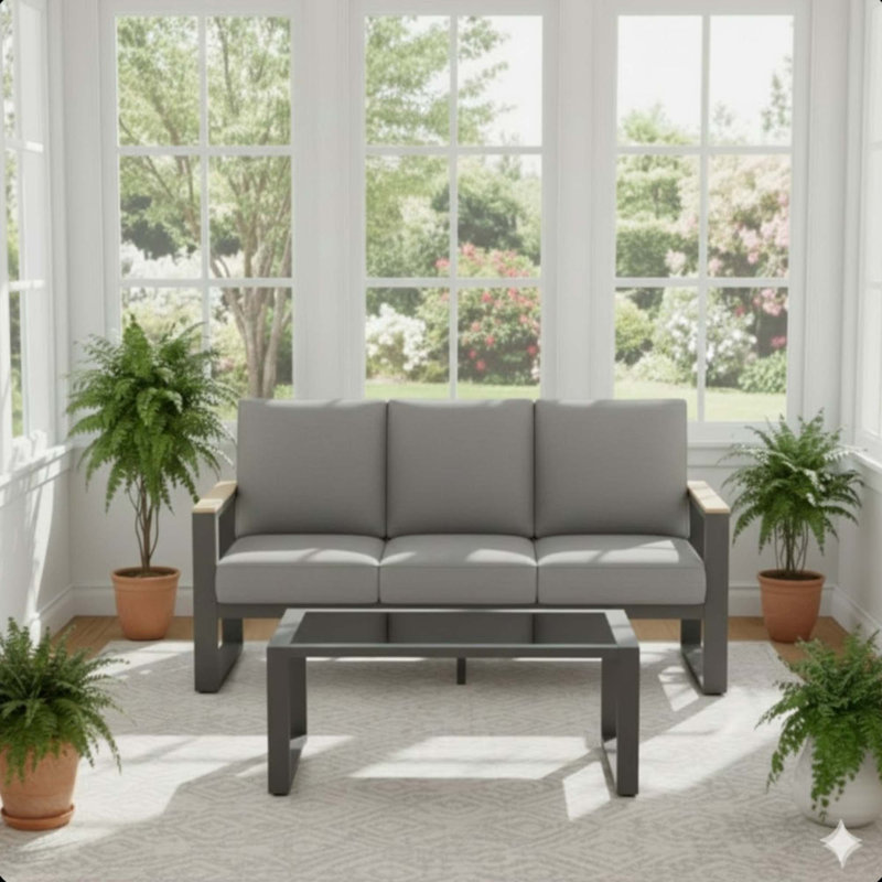 2-Piece 3-Seat Outdoor Sofa Couch Set, 75" All-Weather 3-Seat Aluminum Patio Sofa With Thick Gray Cushions  & 44" Glass Coffee Table