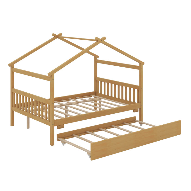Lit double en bois avec lit gigogne, Naturel, Double