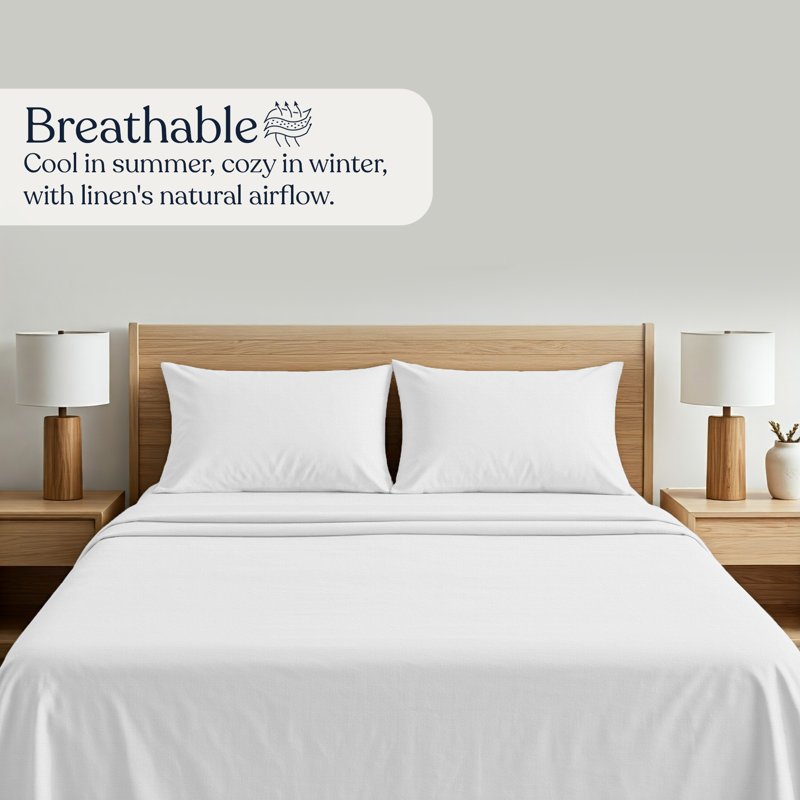 Ensemble de draps en lin 100% européen Delara, contexture de 345 fils, ultra doux et respirant, avec poche profonde élastique idéale pour les dormeurs chauds