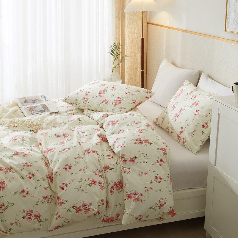Cotton Floral Duvet Cover Set, Light Yellow Floral, Full Duvet Cover + 2 Standard Shams