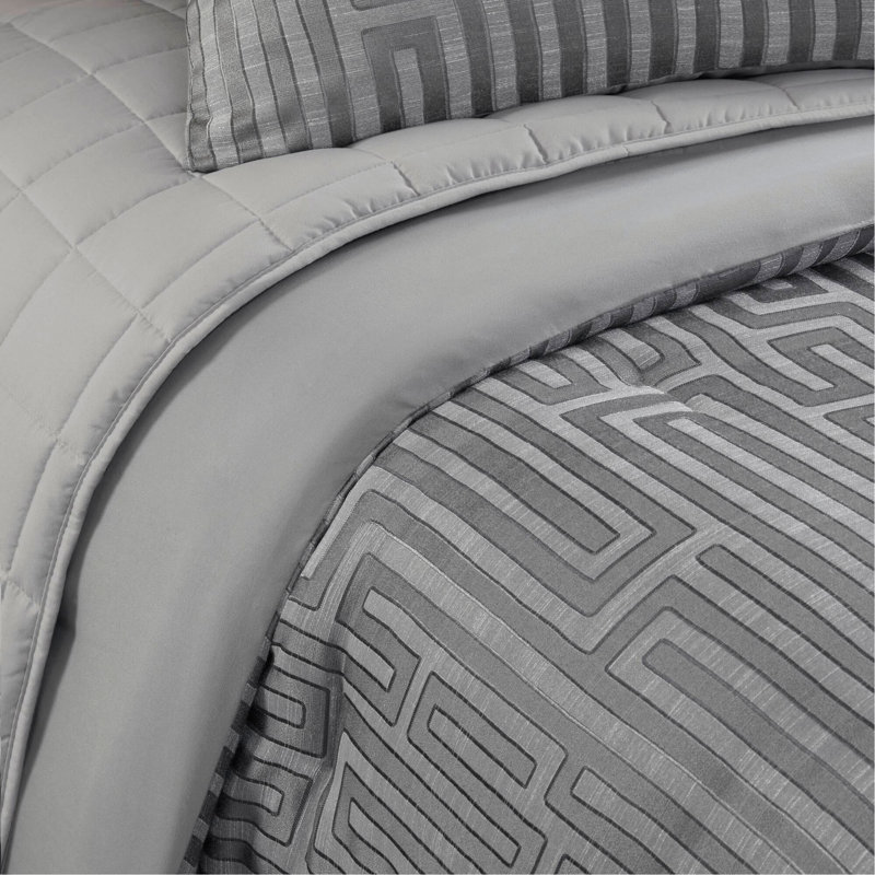10 PCS Luxury Jacquard Comforter Set Grey, Queen Comforter + 9 Additional Pieces, Gray Geometric