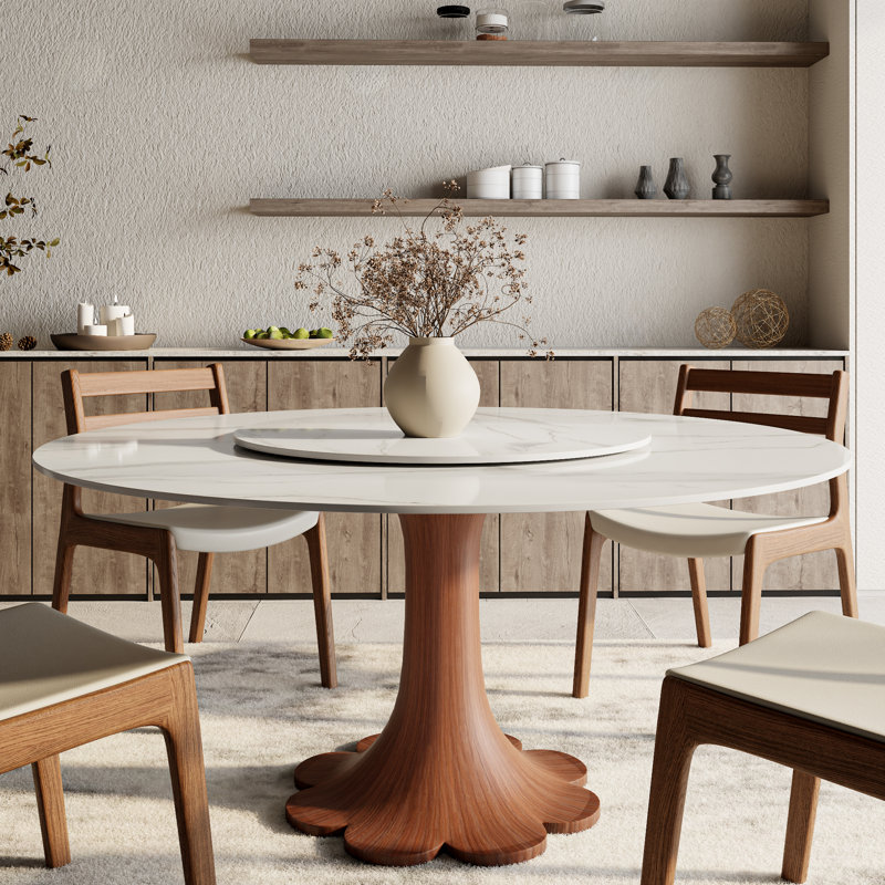 Round Stone Top With 360° Circular Rotating Lazy Susan Solid Wood Base Dining Table For 6-10, Snow, Brown