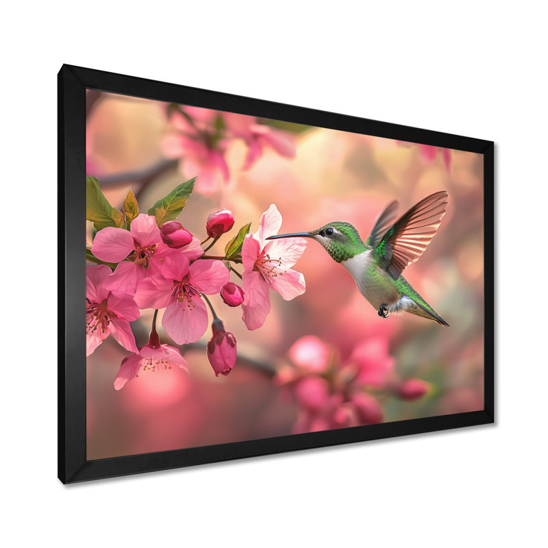 Colibri et fleurs - oiseau, art mural, Cadre simple, Noir, H 12 po x l 20 po