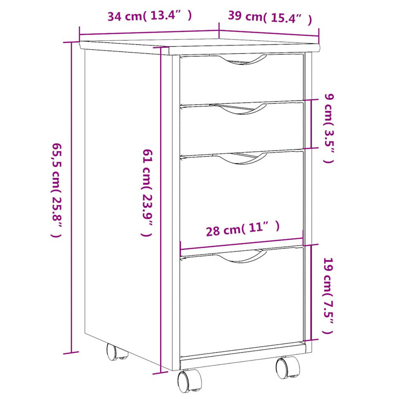Armoire à roulettes vidaXL Bois de pin massif, bois d'ingénierie, plastique, Noir