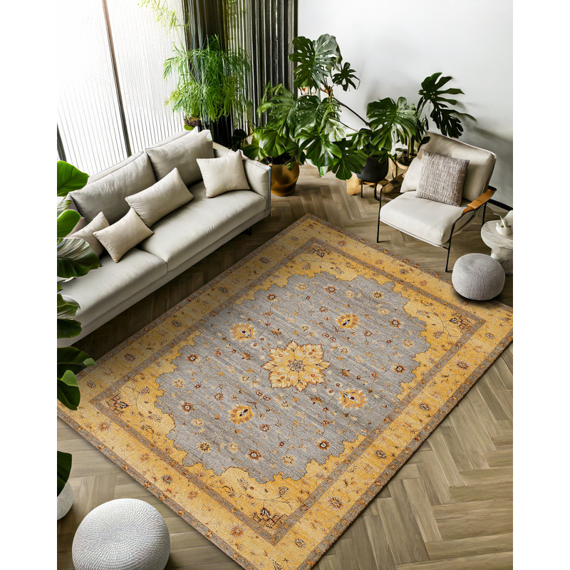 Tapis en coton à imprimé oriental jaune Girvin, Rond 3 pi 4 po