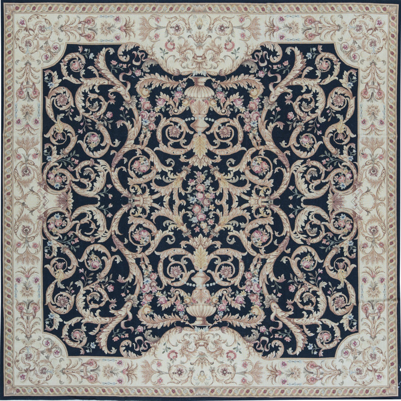 Tapis oriental en laine noué à la main noir / ivoire Needlepoint