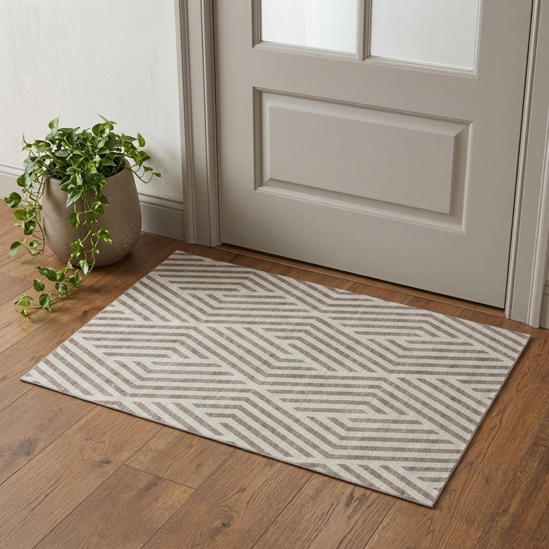 3' X 5' Taupe And Ivory Geometric Washable Area Rug With UV Protection