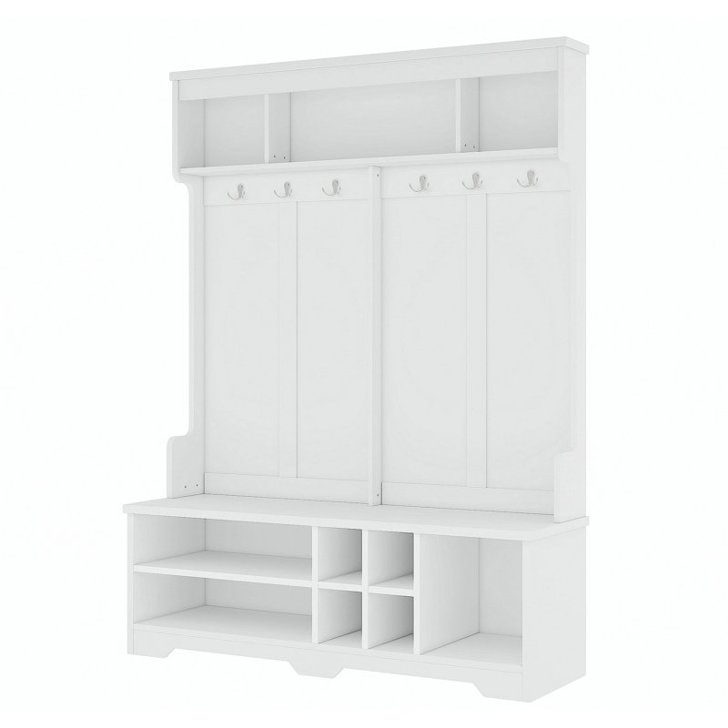 Modern Hallway Hall Tree with Metal Hooks and Storage Space, Multi-Functional Entryway Coat Rack with Shoe Cubbies, White
