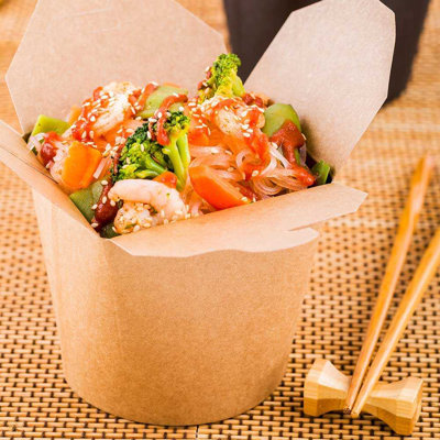 Restaurantware-Bio Tek 4 x 3.4 x 3.7 Inch Food Containers, 50 Durable Noodle Boxes - Disposable, Sustainable, Kraft Paper 26-Ounce Takeout Boxes, Round, For Takeouts And Delivery, Or Picnics