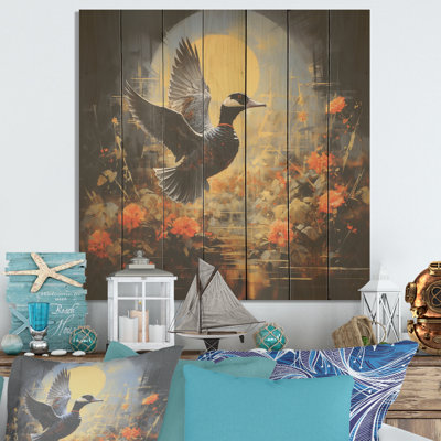 «Duck Flight On Floral Eclipse» - Imprimé animalier sur bois