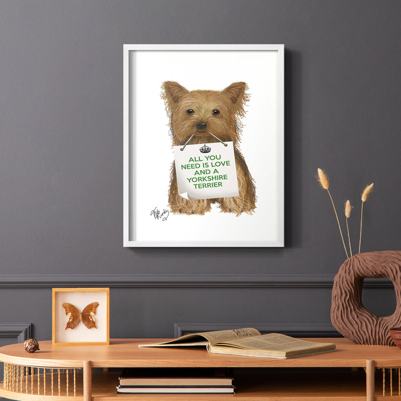 «Love and Yorkshire Terrier», reproduction encadrée - bois massif, Cadre simple blanc, H 14 po x l 11 po