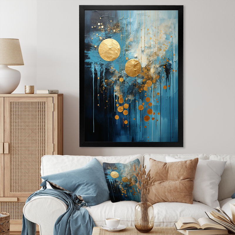 Lune bleu et or cycle céruléen Dreams II, H 44 po x l 34 po x P 1,5 po, Cadre simple noir