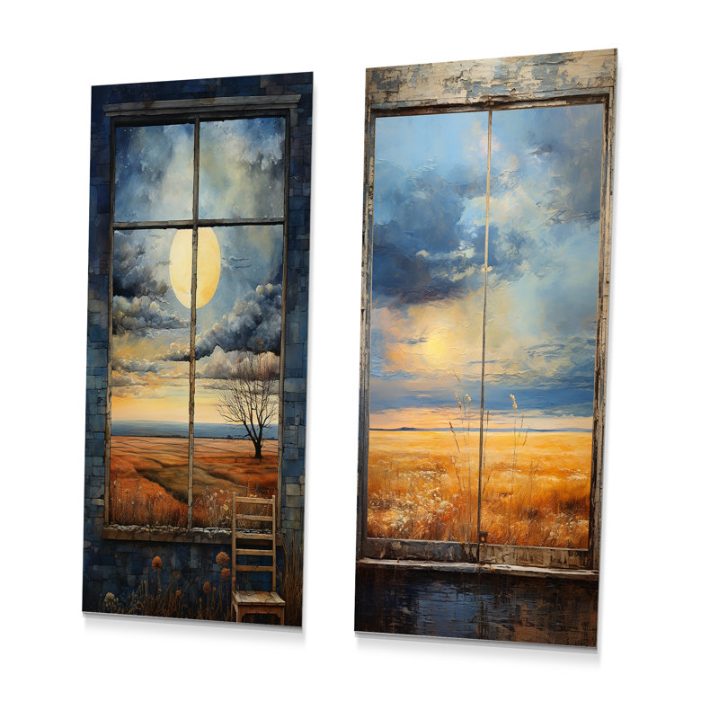 Meadow Horizon Farmhouse Windows II - Ensemble de 2 reproductions d'art mural en métal, H 28 po x l 24 po