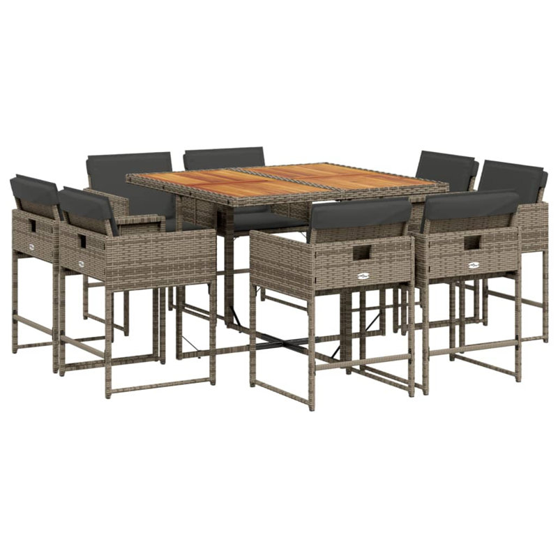  Ensemble repas de patio de 8 pièces en rotin PE gris 9 pièces pliable, Gris foncé, Gris / Brun