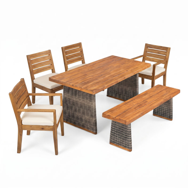Ensemble repas de patio en bois d'acacia et osier en polyéthylène avec accoudoirs et chaises d'appoint, coussins hydrofuges