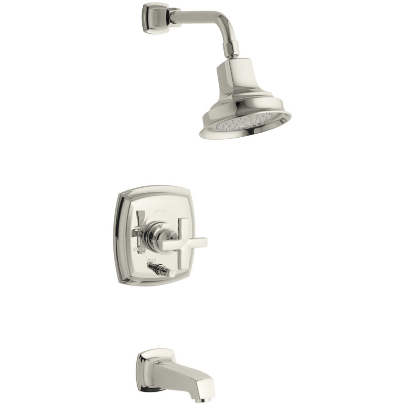 Margaux Rite-Temp Pressure-Balancing Bath and Shower Faucet Trim with Push-Button Diverter, Valve Not Included, Cross Handle