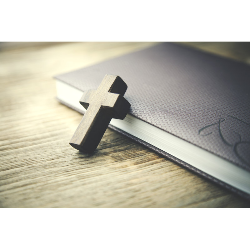 Wooden Crosses On Book - Wrapped Canvas Print, 30cm H x 46cm W x 3.8cm D