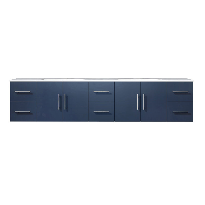 Geneva 84" Wall-Mounted Double Bathroom Vanity Set, Navy Blue, White Carrara Marble