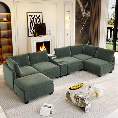 121.2" Modular U-Shaped Cloud Sectional Sofa with Movable Ottoman, Chenille Convertible Sofa Bed with Hidden Storage & USB Ports & Cup Holders & Bluetooth Speaker for Living Room, Apartments , Green