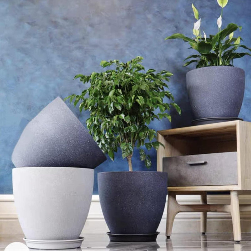 Pots à plantes ronds en résine avec plateau Forest, Gris foncé