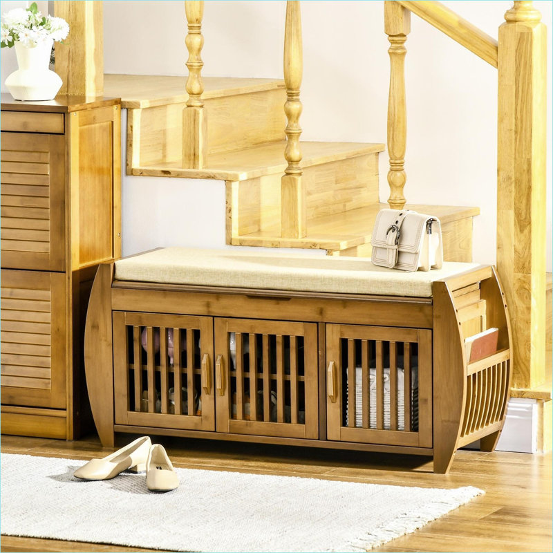 Banc à chaussures avec armoires de rangement, banc d'entrée en bambou avec coussin de siège, 3 portes, support latéral et compartiment caché pour le couloir, brun