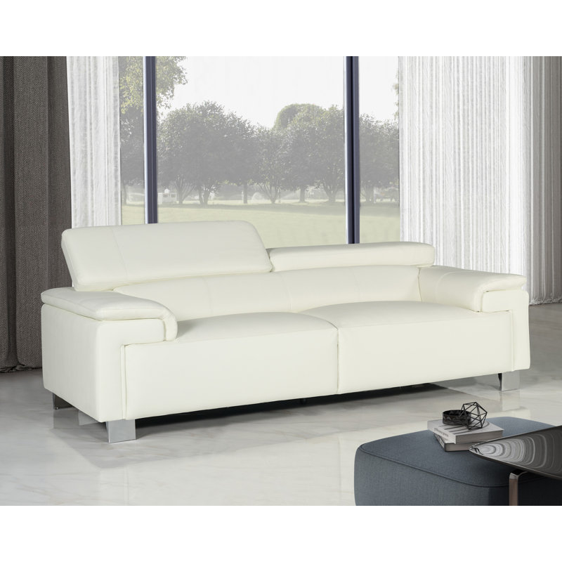 Chavely Genuine Leather Pillow Top Arm Sofa, White, 3
