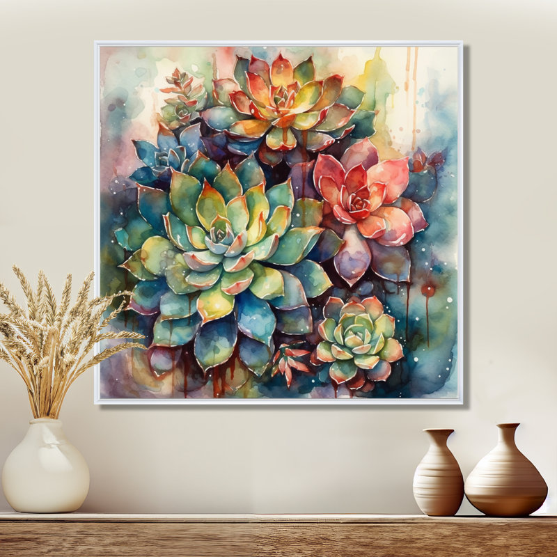 Rylinn vert rouge cactus paysage IV - art mural cactus, H 24 po x l 24 po, Cadre flottant blanc