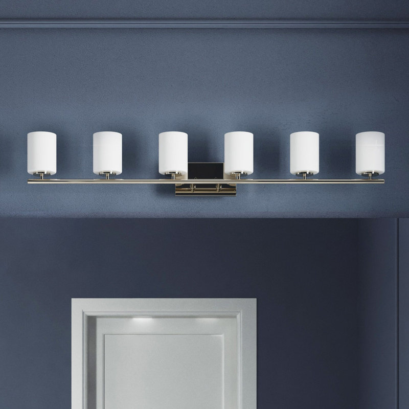 Éclairage pour salle de bain 6 lumières en nickel poli avec abat-jour en verre gravé, Nickel poli