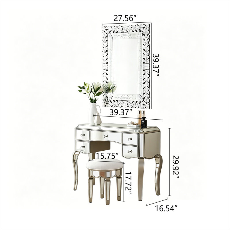 Coiffeuse argentée de qualité supérieure avec plateau de table miroir pour petits espaces, miroir sculpté et tabouret de maquillage